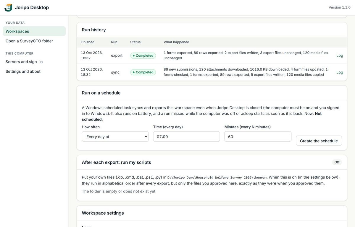 Joripo Desktop's run history and the control to sync and export on a schedule