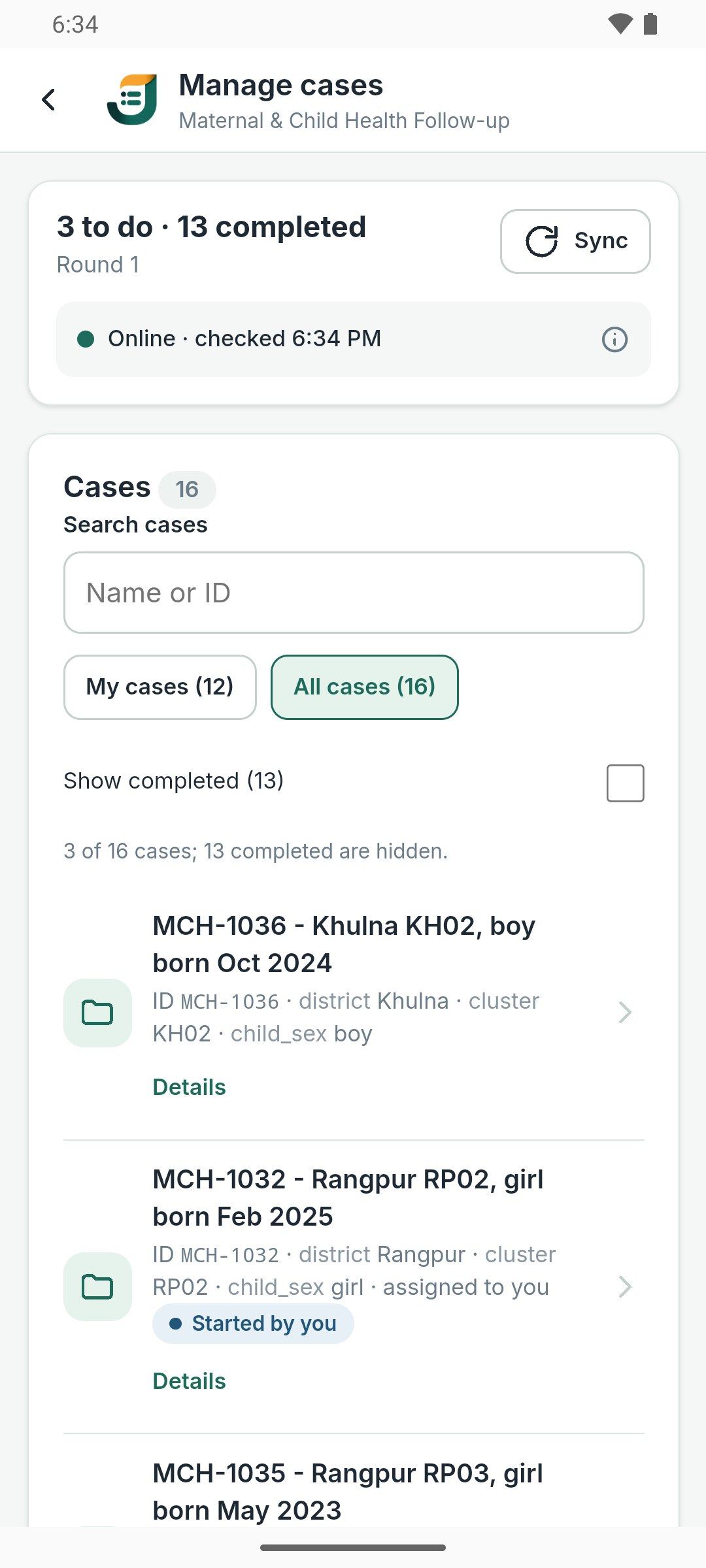 Joripo Collect's case worklist: cases to do and completed, search, and my cases or all cases
