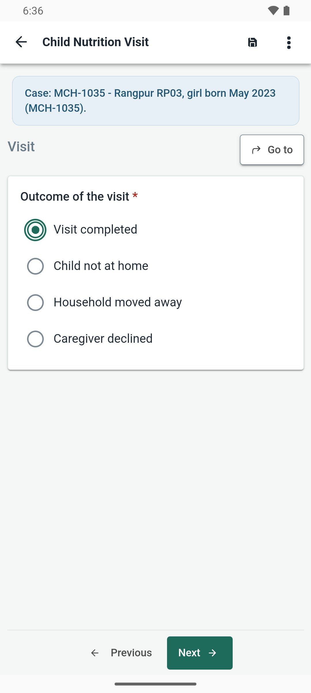 A Joripo Collect interview screen with the case details at the top and a single-choice question