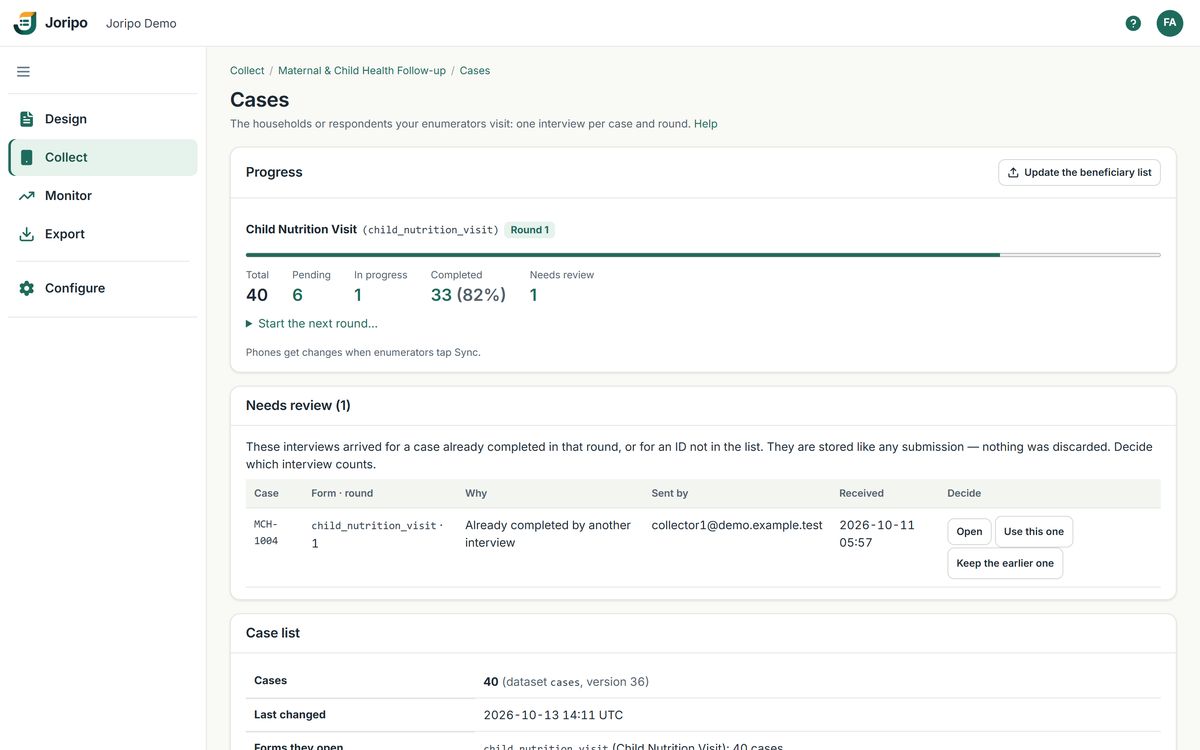 Case management: progress for the current round, a duplicate interview waiting for review, and the case list