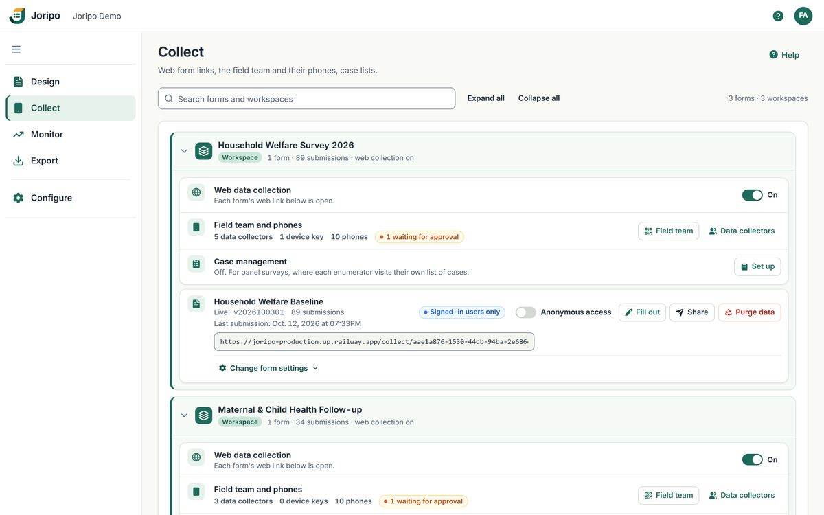 The Collect page: each workspace's web form switch, form links with their access setting, and counts of data collectors and phones