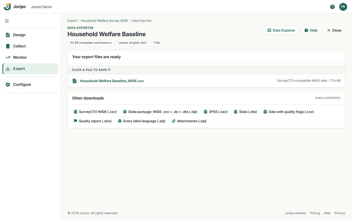 The Data Exporter: export files ready to save, with other downloads such as Stata, SPSS and the quality report