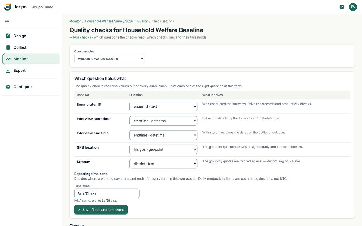 Quality check settings: which question holds the enumerator, start and end times, GPS and stratum